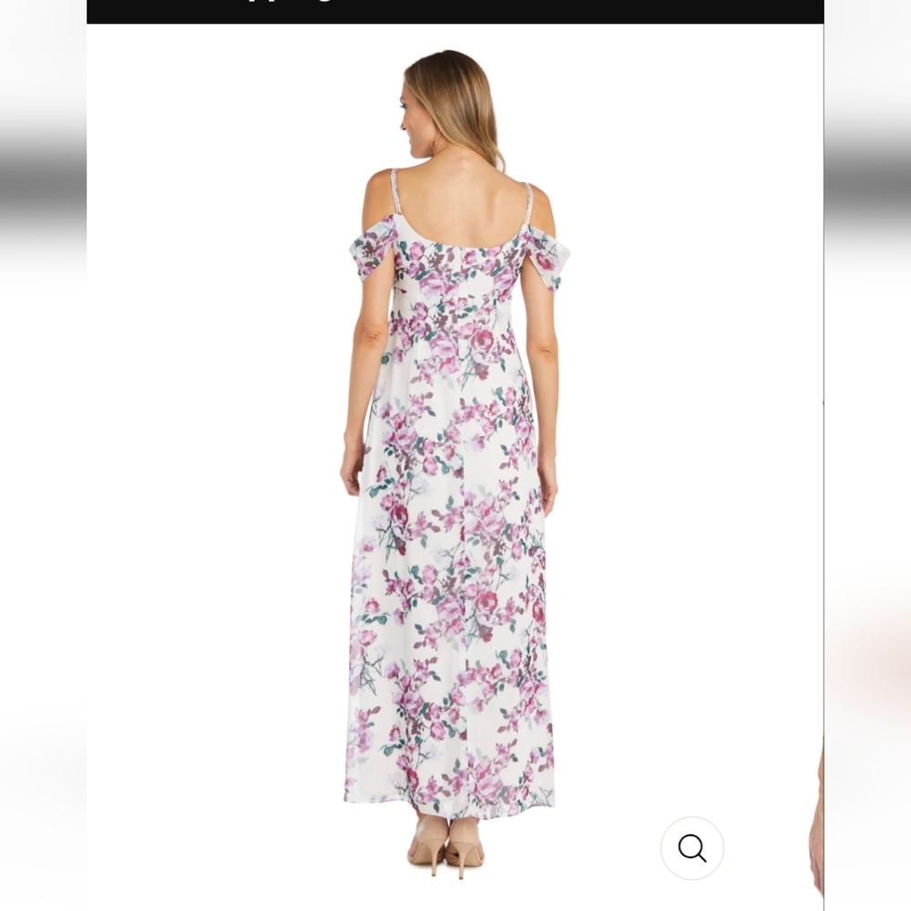 R&M Richards Rhinestone Off the Shoulder Floral Dress. White/ Purple/Green. 16 - Picture 13 of 16